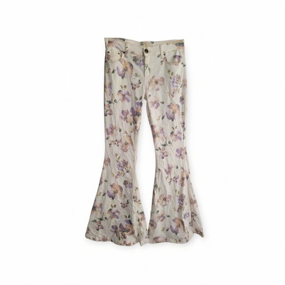 Free People Cream Lavender Floral Bohemian Flare Jeans Size 28 Phoebe Buffay - Picture 2 of 14